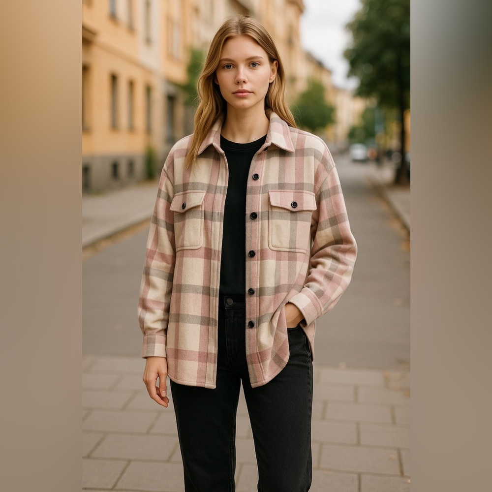 BTFBM Pink‎ Flannel Plaid Shacket Jacket XL Women Long Sleeve Grunge Farmcore